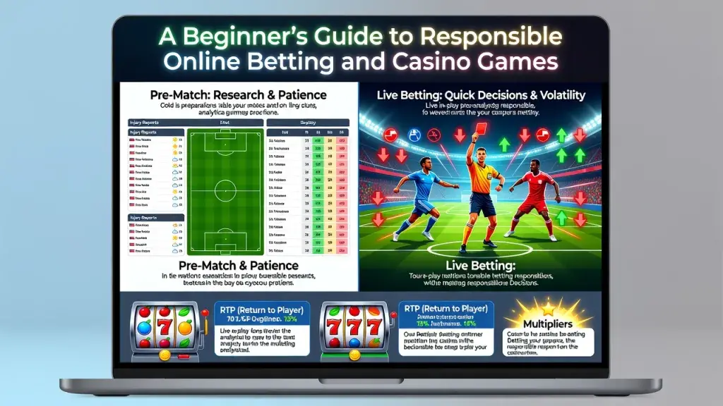 A Beginner's Guide to Responsible Online Betting and Casino Games: Live vs Pre-Match Wagers, Match Predictions, Slots, RTP, and Multipliers